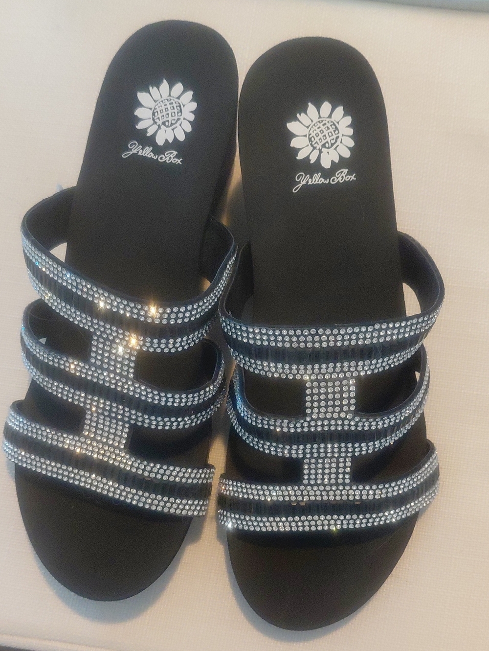 New Yellow Box Black Slide Sandals with Sparkling Silver Straps